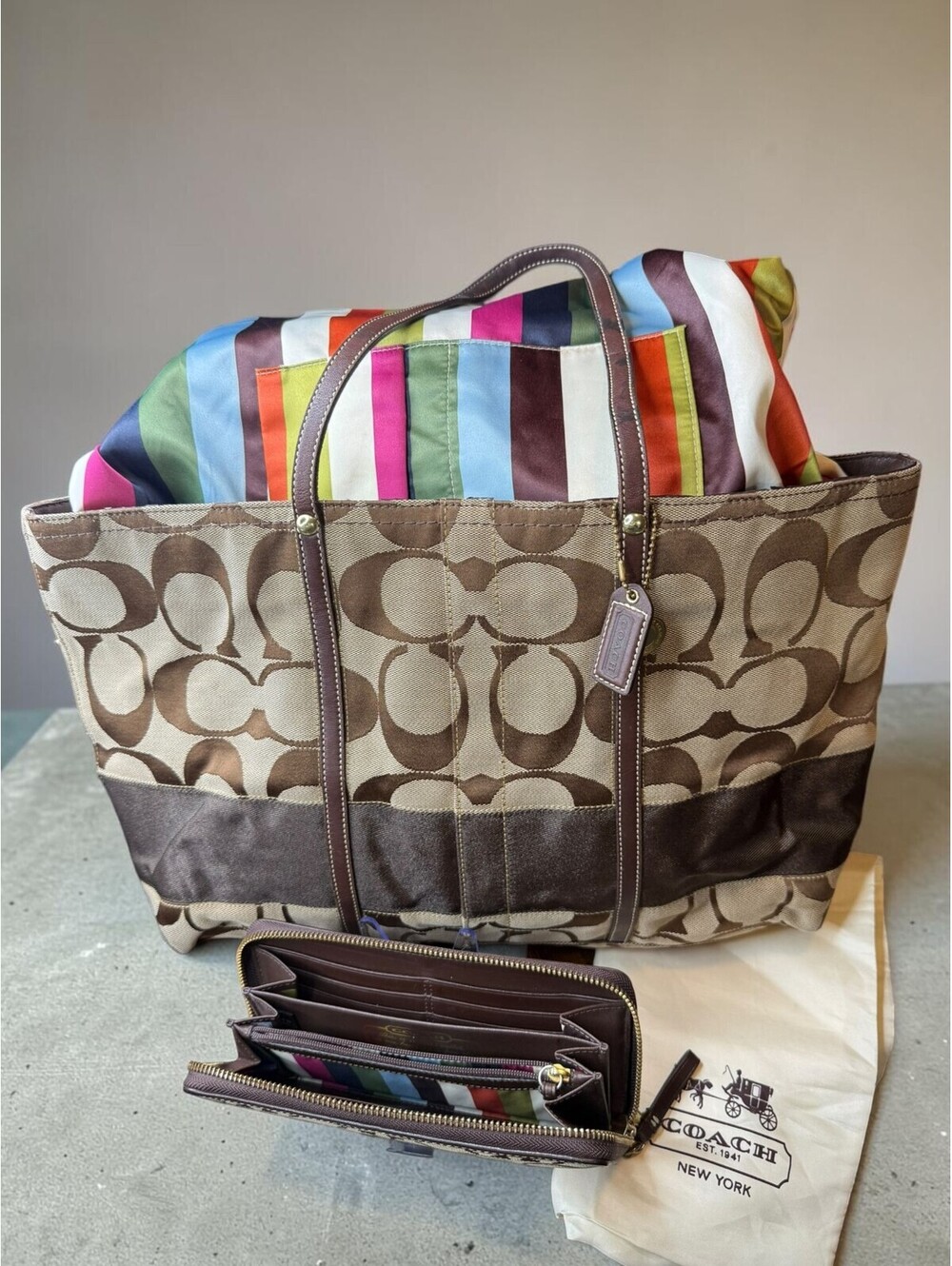 Coach Heritage Stripe Large Tote Bag with Matching Legacy Wallet